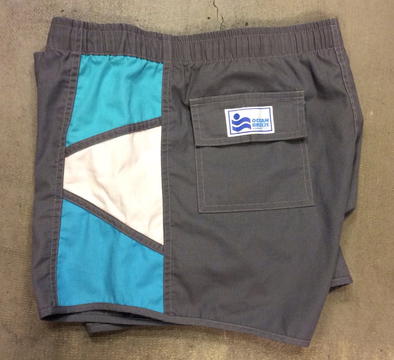 Draw String Waist Men/'s Ocean Breeze Hawaii Swimsuit Gray with Aqua and Cream side patch 80/'s