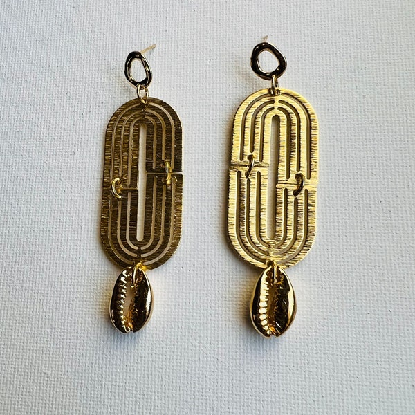 Brass Dangle Earrings /Statement Earrings/ Cowrie Shells / Afrocentric Earrings / Brass Earrings / Brass Statement Earrings