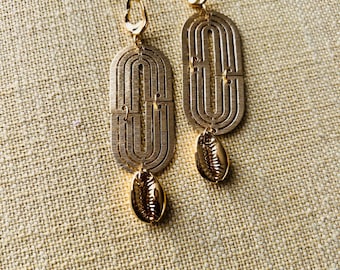 Brass Dangle Earrings /Statement Earrings/ Cowrie Shells / Afrocentric Earrings / Brass Earrings / Brass Statement Earrings