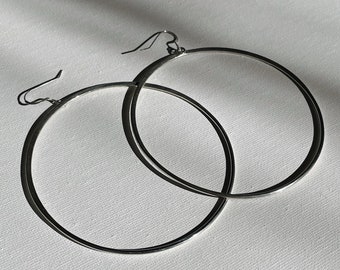 Large Womens .925 Sterling Silver Thin Hoops, Handmade Silver Earrings, Modern Earrings, 80mm Wire Hoops