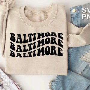 Baltimore SVG + PNG | lettres vintage rétro ondulées états de voyage lieux touristiques famille mignonne vacances assorties | fichiers de coupe cricut + silhouette