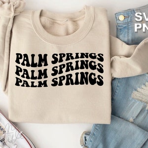 Palm Springs SVG + PNG | lettres vintage rétro ondulées voyagent dans des lieux touristiques famille mignonne correspondant à des vacances | fichier de coupe cricut + silhouette