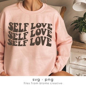 Amor próprio SVG | letras onduladas empilhadas, vintage, retrô, positivo, saúde mental, moda, felicidade, ame a si mesmo | Arquivo de corte Cricut svg png