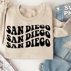 San Diego SVG + PNG | lettres vintage rétro ondulées voyagent dans des lieux touristiques famille mignonne correspondant à des vacances | fichier de coupe cricut + silhouette