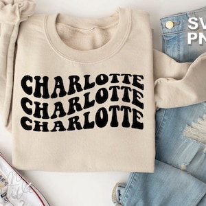 Charlotte SVG + PNG | lettres vintage rétro ondulées états de voyage lieux touristiques famille mignonne vacances assorties | fichiers de coupe cricut + silhouette