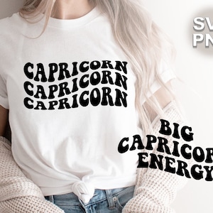 Capricorne, Big Capricorn Energy SVG + PNG | onduleux rétro vintage bulle lettres zodiaque astrologie carte de naissance | fichier de coupe silhouette cricut