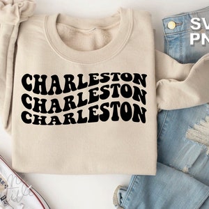 Charleston SVG + PNG | lettres vintage rétro ondulées états de voyage lieux touristiques famille mignonne vacances assorties | fichiers de coupe cricut + silhouette