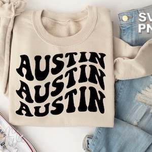 Austin SVG + PNG | lettres vintage rétro ondulées états de voyage lieux touristiques famille mignonne vacances assorties | fichiers de coupe cricut + silhouette
