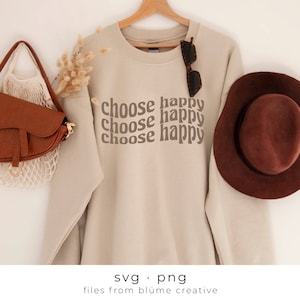 Escolha Feliz SVG | letras onduladas, vintage, retro, positivo, saúde mental, moda, felicidade, camisa infantil | Arquivo de corte Cricut svg png