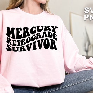 Mercury Retrograde Survivor SVG + PNG | wavy retro vintage planet zodiac astrology spiritual astrological | cricut silhouette cut file
