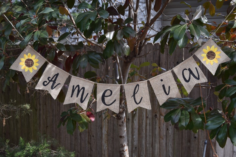 Garland Bunting Custom Personalized Name Baner custom name Sunflower birthday Baby Girl Burlap banner Baby Decor shower decor