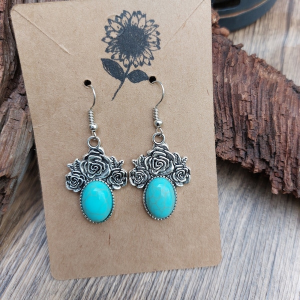 Western Turquoise Earrings; Prairie Rose Danglers; Vintage Style Silver Jewelry