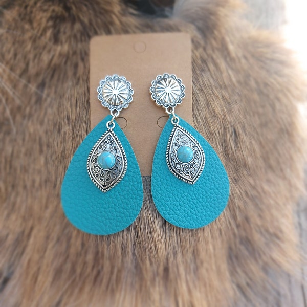 Western Leather Teardrop Earrings, Turquoise Imitation Cowhide with Pendant Jewelry