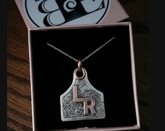 Custom Silver Ear Tag Necklace, Ranch Brand Pendant, Engraved Cowgirl Jewelry