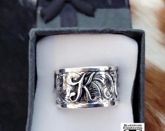 Custom Sterling Silver Ranch Brand Ring, Hand Engraved Western Wide Band