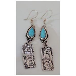 Turquoise Dangle Earrings, Silver Engraved Western Earrings, Wedding Earrings, Boho Cowgirl, Bridal Jewelry, Western Jewelry, Under 200, RTS