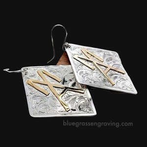 Silver Earrings, Custom, Brand Earrings, Cattle Brand, Ranch Wife, Boho Western, Cowgirl, Gift for Her, Diamond Shaped, Engraved, Gold Fill