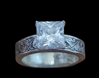 Bold Western Engagement Ring, Hand Engraved Sterling Silver with Square CZ