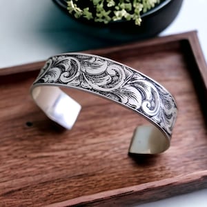 Sterling Silver Cuff, Western Cuff, Engraved Silver Cuff, Bridal Jewelry, Silver Bracelet, Unisex Cuff, Upscale Western, Wedding Gift