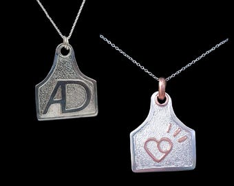 Custom Sterling Silver Ear Tag Necklace, Ranch Brand Pendant, Engraved Cowgirl Jewelry