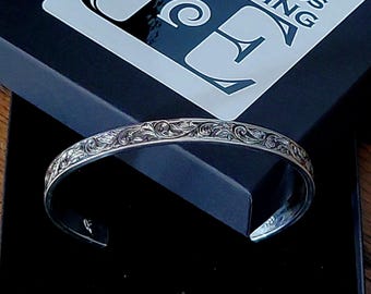 Sterling Silver Cuff Bracelet, Hand Engraved Western Cuff, Gift for Him or Her