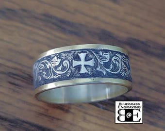 Men’s Christian Wedding Band, Hand Engraved Gold and Silver Cross Ring