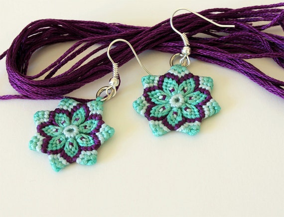 Items similar to Mandala Flower Macrame Textile Earrings hippie boho ...
