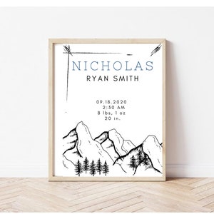 Mountain Newborn Birth Stat Print, Newborn gift, mountains are calling, baby shower gift baby boy or baby girl