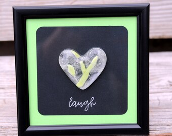 Framed Fused Glass Laugh Heart - Bright Lime Green and Clear Glass