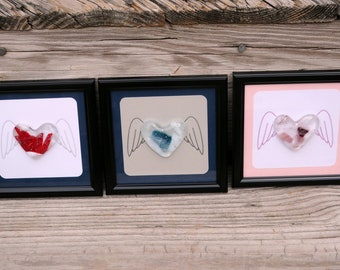 Framed Fused Glass Angel Wings Hearts - Various Colors