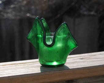 Bright Frosty Green Colored Fused Glass Votive Candle Holder