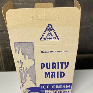 Vintage 1930's Purity Maid Ice Cream Sherbet Advertising Paper Box Carton 1/2 Pint New Albany Indiana New Old Stock