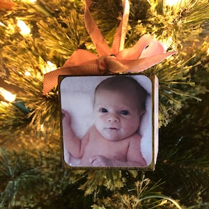 Baby&#39;s First Christmas Photo Block Ornament