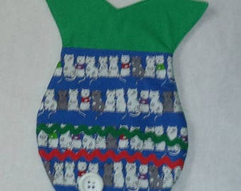 Cat fish shaped Christmas stocking in green with a cat print pocket