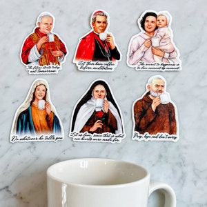 Sipping with the Saints Bundle of 6 Catholic Stickers, Bible study gift, Catholic Mom Group Gift, Catholic Coffee Gift, Catholic Mom Gift