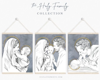 The Holy Family Collection of 3 Prints | Catholic Mom Gift | Catholic Godparent Gift | Catholic Baby Shower | Multiple Sizes