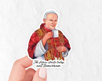St. John Paul II Drinking Coffee | Catholic Vinyl Sticker | "Sipping with the Saints" | Catholic Coffee Gift
