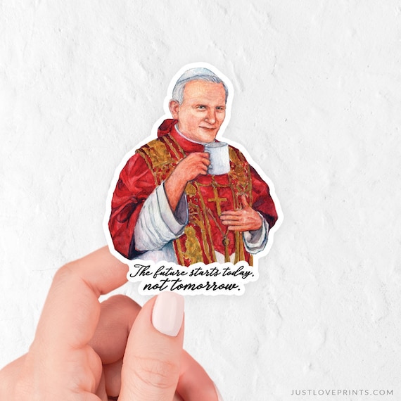 St Sipping with the Saints Catholic Coffee Gift Catholic Vinyl Sticker John Paul II Drinking Coffee