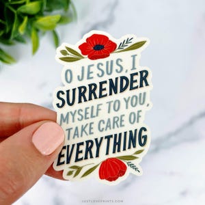 Floral Surrender to Jesus Vinyl Sticker, Surrender Novena, Catholic Vinyl Sticker, Catholic stocking stuffer, Catholic Water Bottle Sticker,