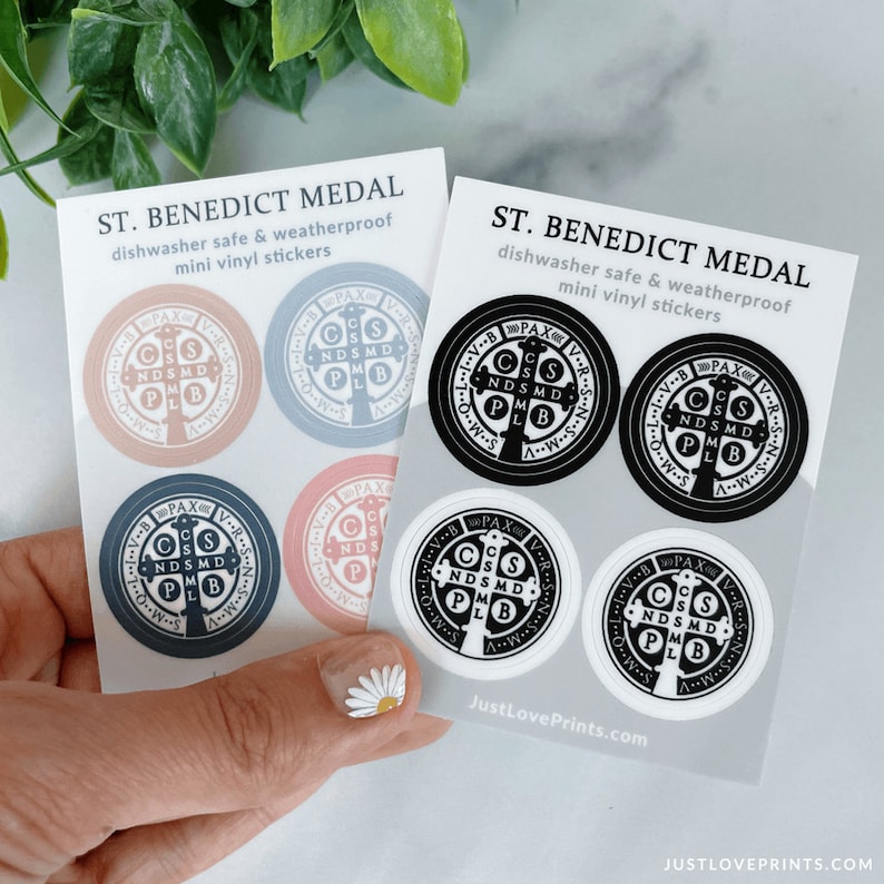 These sticker sheets contain 4 St Benedict medal stickers, in black and white and colored. They are dishwasher safe and weatherproof mini vinyl stickers.