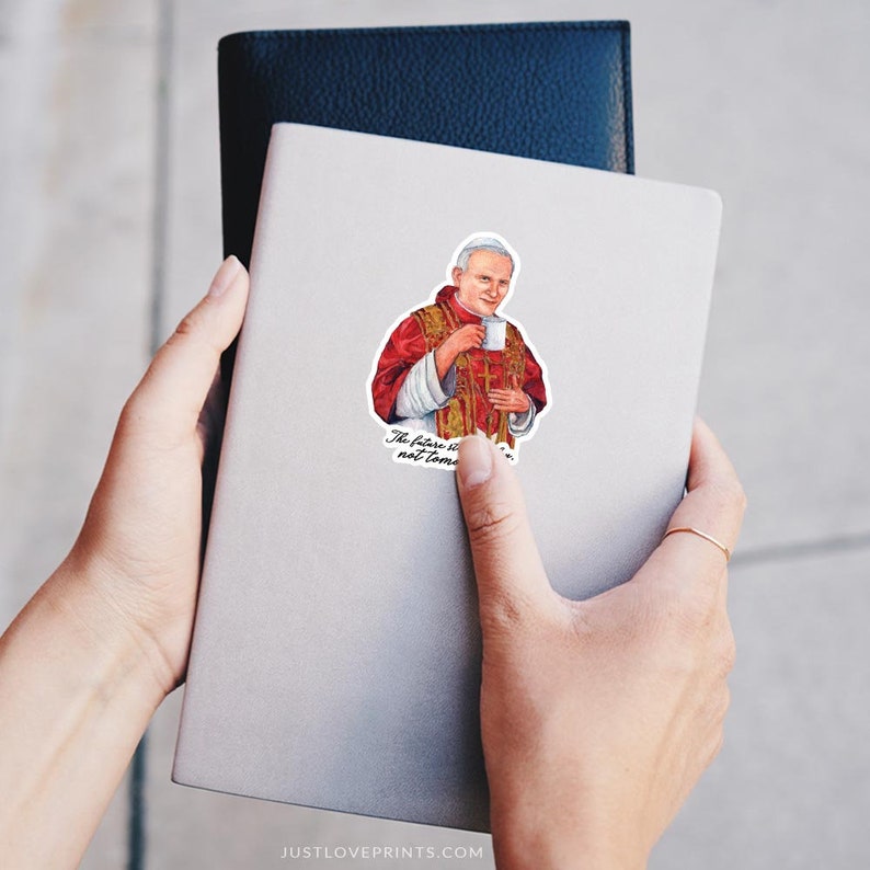 St Sipping with the Saints Catholic Coffee Gift Catholic Vinyl Sticker John Paul II Drinking Coffee