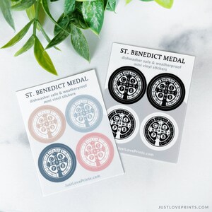 These sticker sheets contain 4 St Benedict medal stickers, in black and white and a color sheet with tan, pink, blue, and navy. They are dishwasher safe and weatherproof mini vinyl stickers.