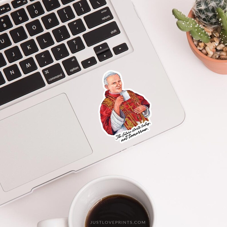 St Sipping with the Saints Catholic Coffee Gift Catholic Vinyl Sticker John Paul II Drinking Coffee