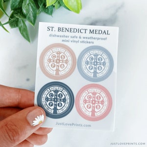 Set of 4, 1 inch St. Benedict Medal Stickers, Catholic Stickers, St. Benedict Medal Mini Stickers, Catholic gift