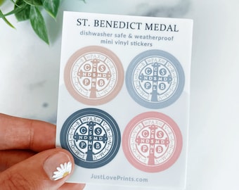 Set of 4, 1 inch St. Benedict Medal Stickers, Catholic Stickers, St. Benedict Medal Mini Stickers, Catholic gift
