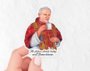 St. John Paul II Drinking Coffee | Catholic Vinyl Sticker | "Sipping with the Saints" | Catholic Coffee Gift