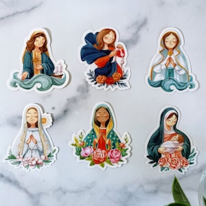 Our Lady Bundle of 6 Catholic Stickers, Catholic School, Bible study gift, Stella Maris Sticker, Our Lady Undoer of Knots, Our Lady Fatima
