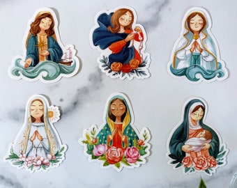 Our Lady Bundle of 6 Catholic Stickers, Catholic School, Bible study gift, Stella Maris Sticker, Our Lady Undoer of Knots, Our Lady Fatima