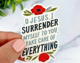 Floral Surrender to Jesus Vinyl Sticker, Surrender Novena, Catholic Vinyl Sticker, Catholic stocking stuffer, Catholic Water Bottle Sticker,