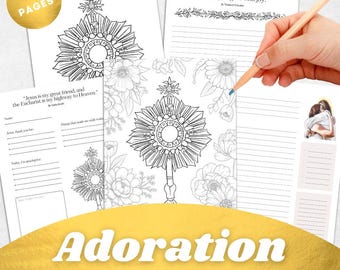 May include: A 6-page printable reflection bundle featuring black and white line art of a monstrance surrounded by floral illustrations, lined writing prompts, and quotes including "Jesus is my great friend" and "Just leave it all in the Sacred Heart."